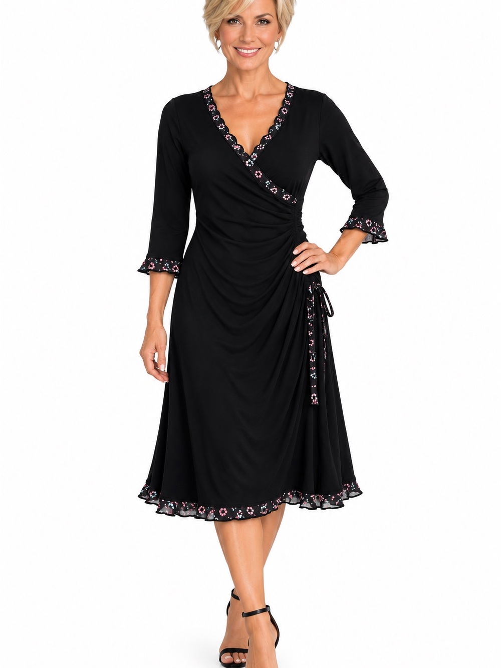 Jane Street Wrap Dress Size M Black Floral-Trim Midi with Tie Waist USA Made NWT